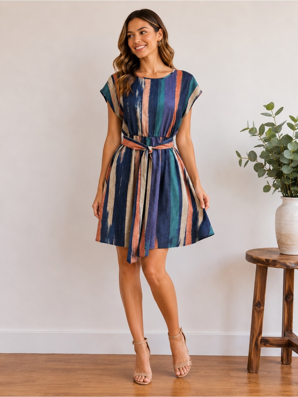 Emery Rose Striped Tie Waist Dress Size Medium Multicolor Casual Midi Dress